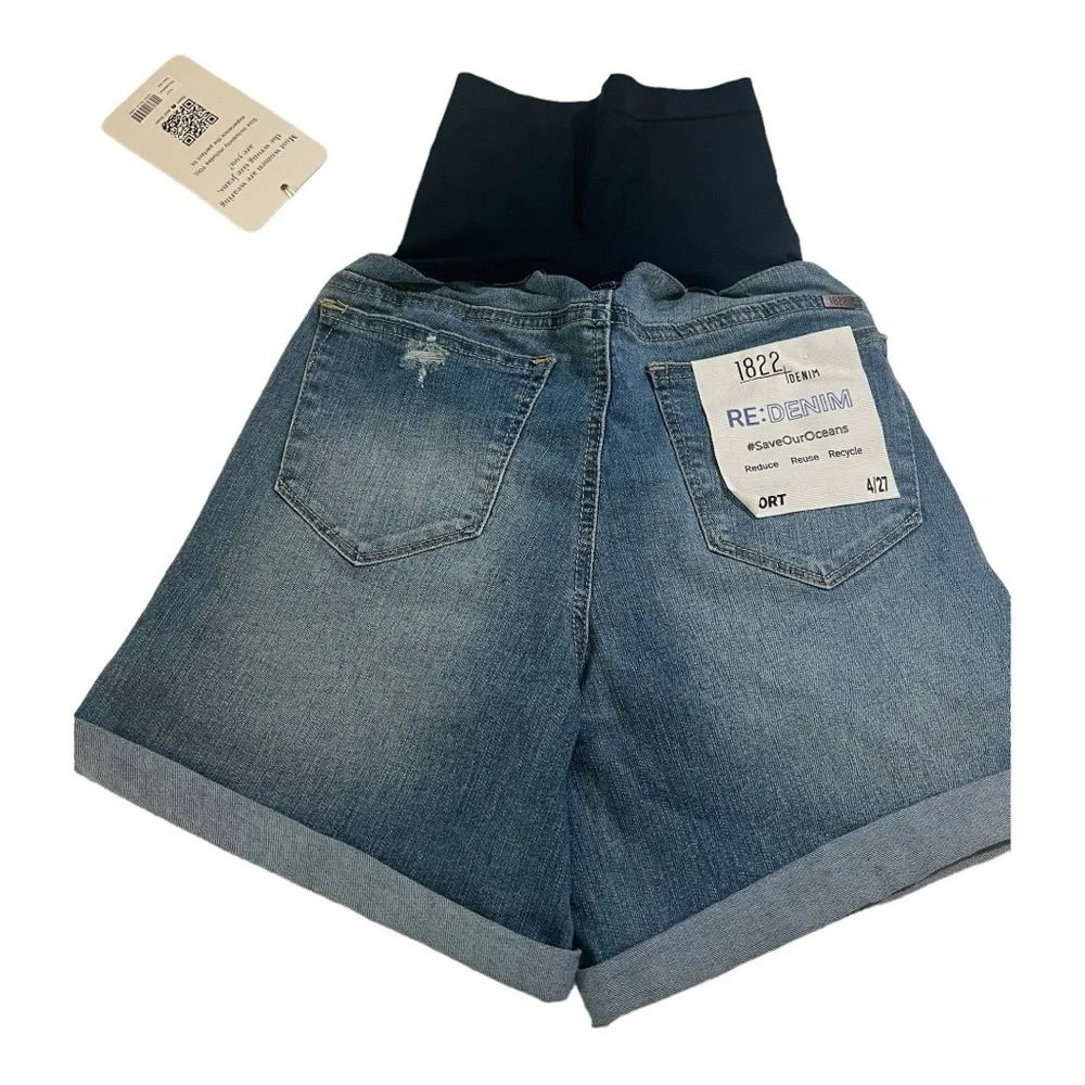 Leora 1822 Denim Rolled Cuff Distressed Maternity Denim Shorts Medium Wash